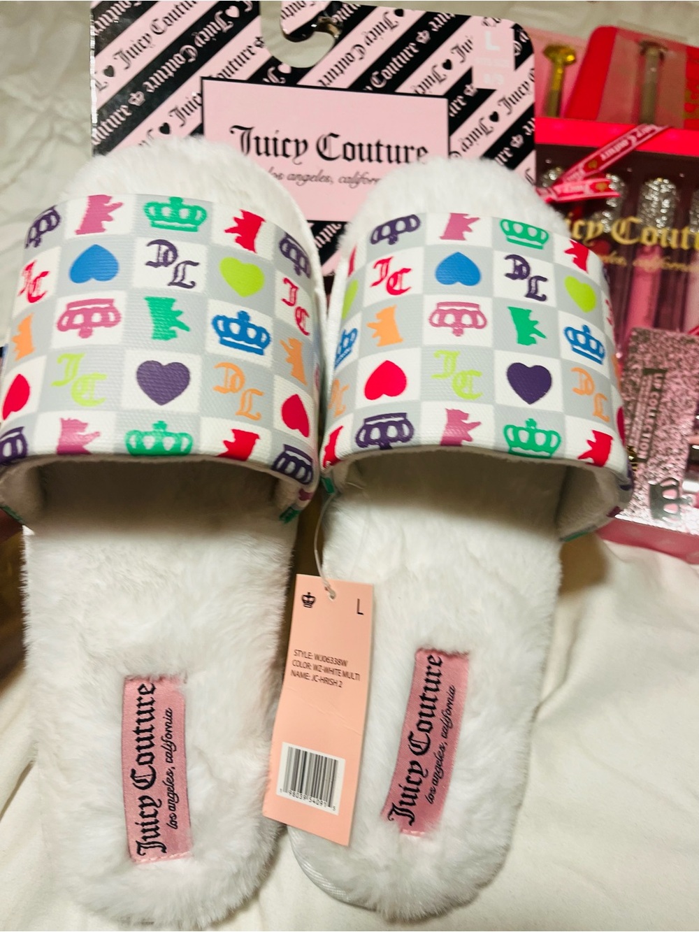 Juicy Couture White Plush Slides with Multicolor Icon Print